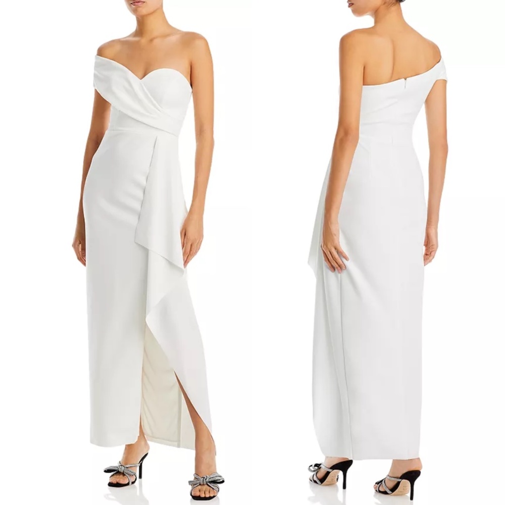 NEW AQUA White ASYMMETRIC Off The Shoulder DRAPED Bridal EVENING Wedding GOWN
